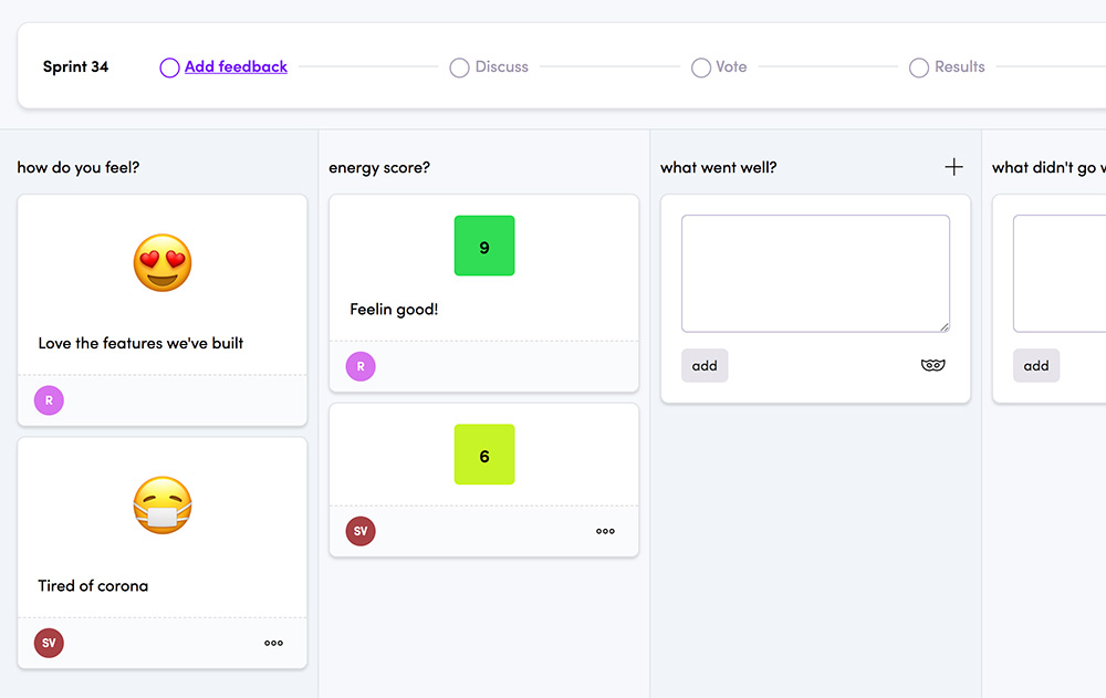 The retrospective board with influence mode on. You see each other's feedback directly.